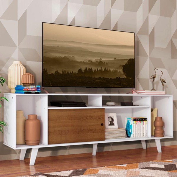 Encontraproduto.com.br - Rack para TV até 65 Polegadas Madesa Cancun com Pés Branco/Rustic 9B09