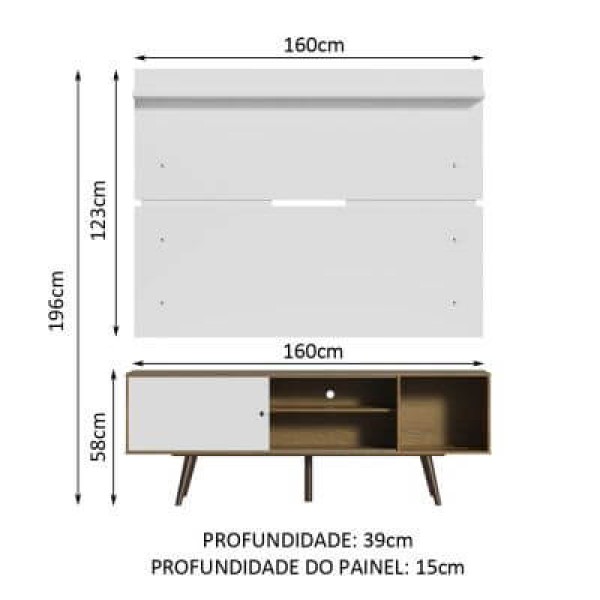 Encontraproduto.com.br - Rack Madesa Cairo e Painel para TV até 65 Polegadas com Pés de Madeira Rustic/Branco 6E9B