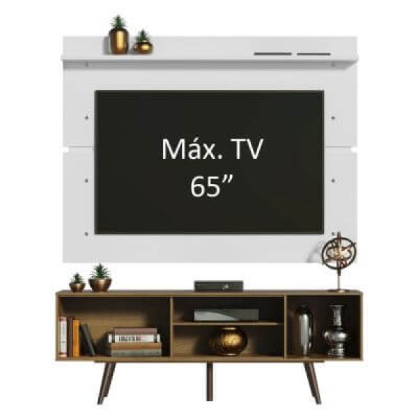 Encontraproduto.com.br - Rack Madesa Cairo e Painel para TV até 65 Polegadas com Pés de Madeira Rustic/Branco 6E9B
