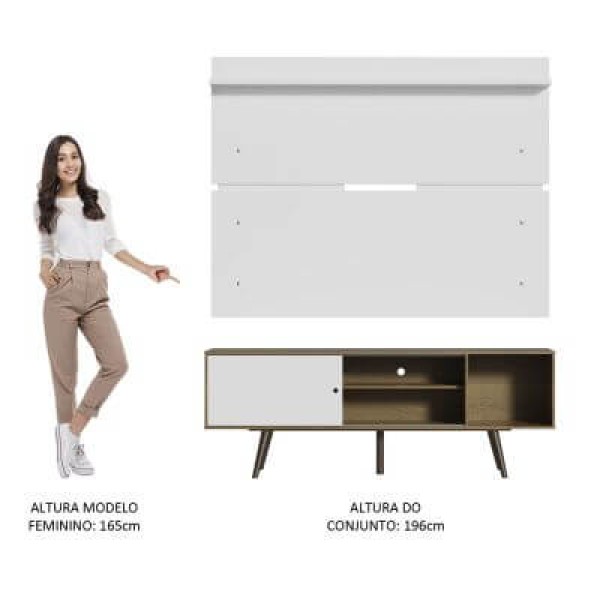 Encontraproduto.com.br - Rack Madesa Cairo e Painel para TV até 65 Polegadas com Pés de Madeira Rustic/Branco 6E9B
