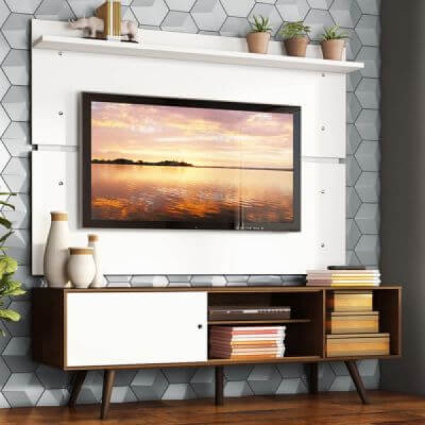 Encontraproduto.com.br - Rack Madesa Cairo e Painel para TV até 65 Polegadas com Pés de Madeira Rustic/Branco 6E9B