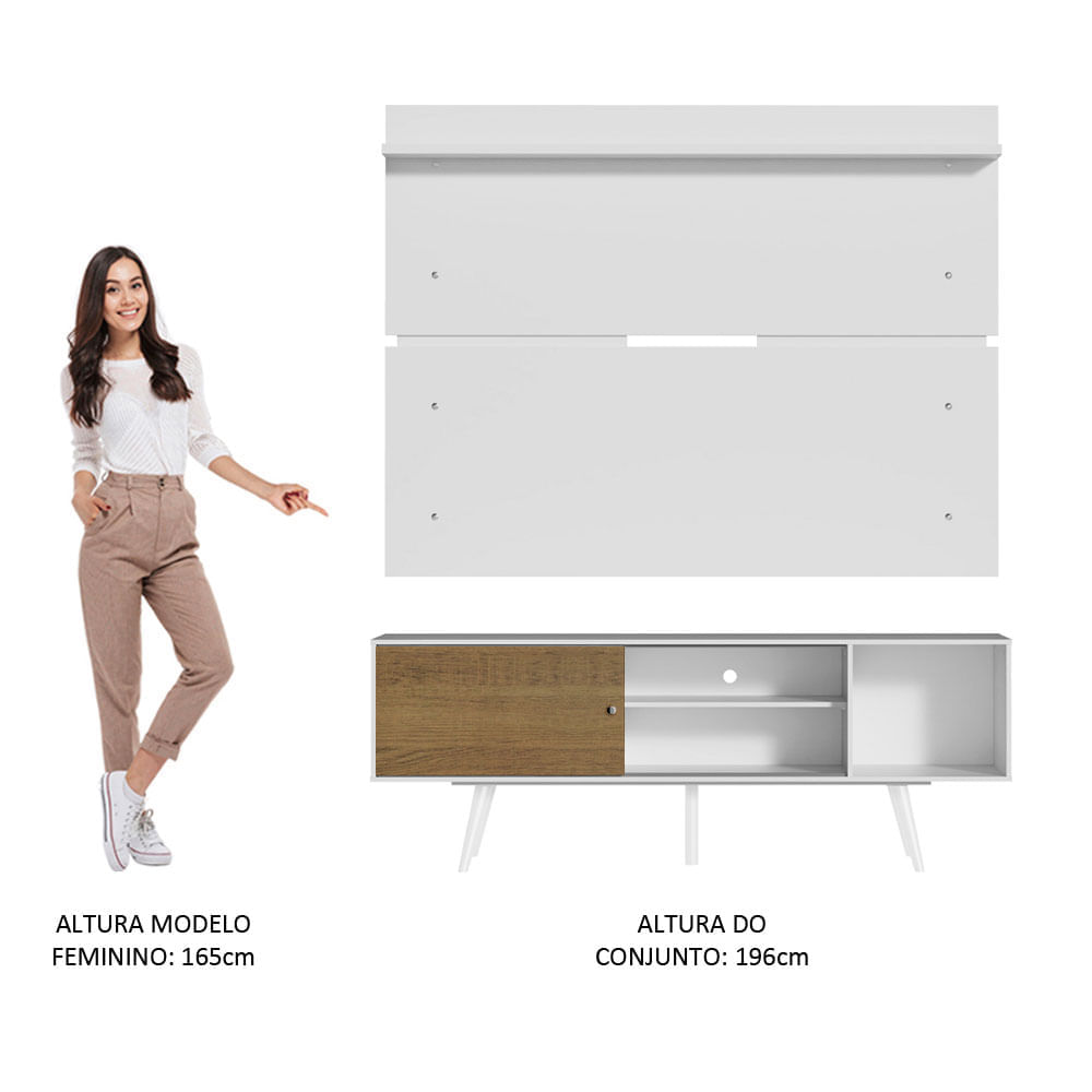 Encontraproduto.com.br - Rack Madesa Cairo e Painel para TV até 65 Polegadas com Pés de Madeira Branco/Rustic 9B09