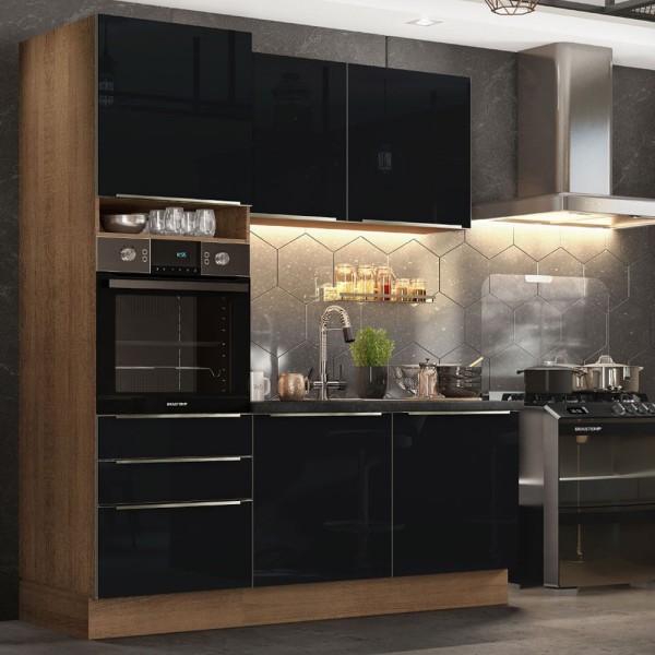 Armário de Cozinha Compacta 180cm Rustic/Preto Lux Madesa 01