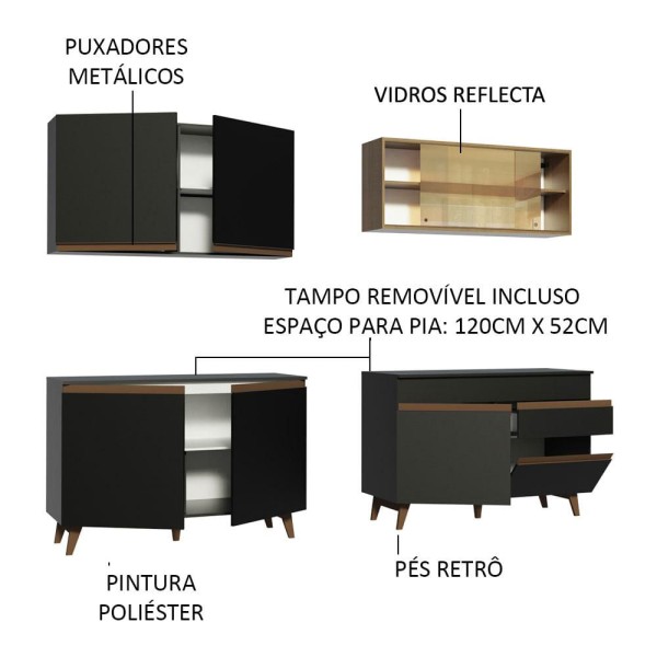 Encontraproduto.com.br - Armário De Cozinha Completa Modulada Madesa Reims Com Armário E Balcão Para Cooktop Cor Preto/rustic Grrm240001d8