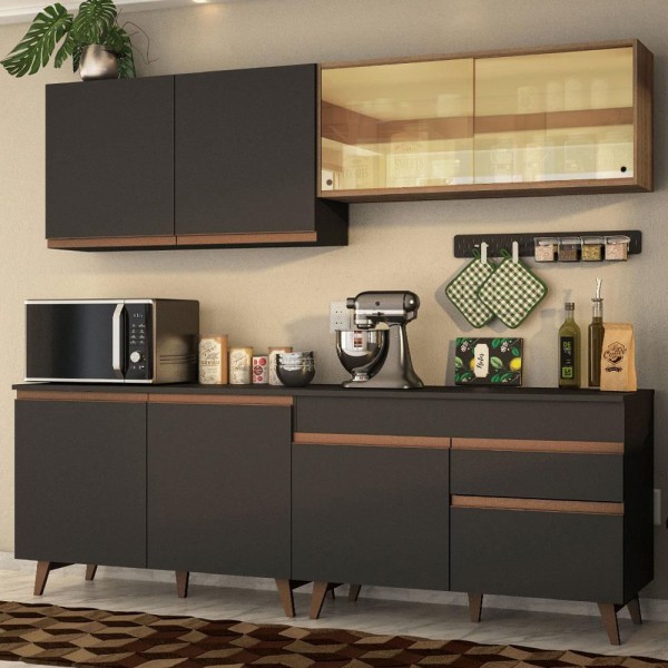 Encontraproduto.com.br - Armário De Cozinha Completa Modulada Madesa Reims Com Armário E Balcão Para Cooktop Cor Preto/rustic Grrm240001d8