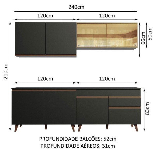 Encontraproduto.com.br - Armário De Cozinha Completa Modulada Madesa Reims Com Armário E Balcão Para Cooktop Cor Preto/rustic Grrm240001d8
