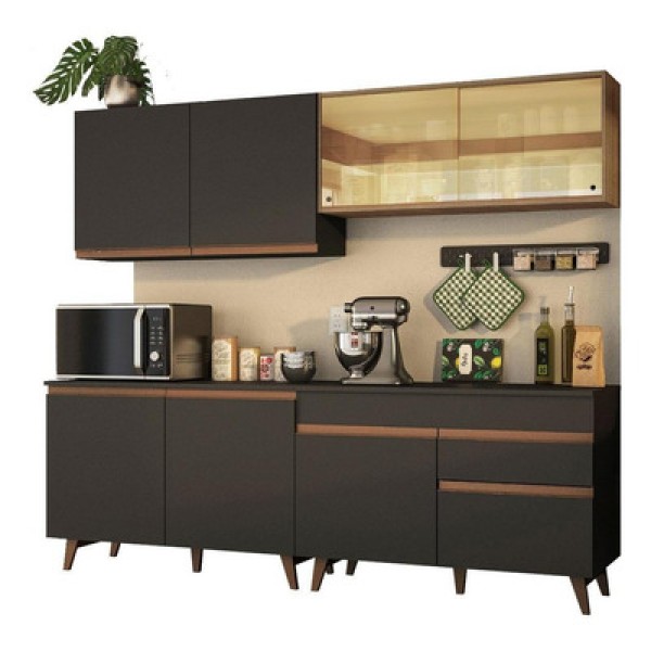 Encontraproduto.com.br - Armário De Cozinha Completa Modulada Madesa Reims Com Armário E Balcão Para Cooktop Cor Preto/rustic Grrm240001d8