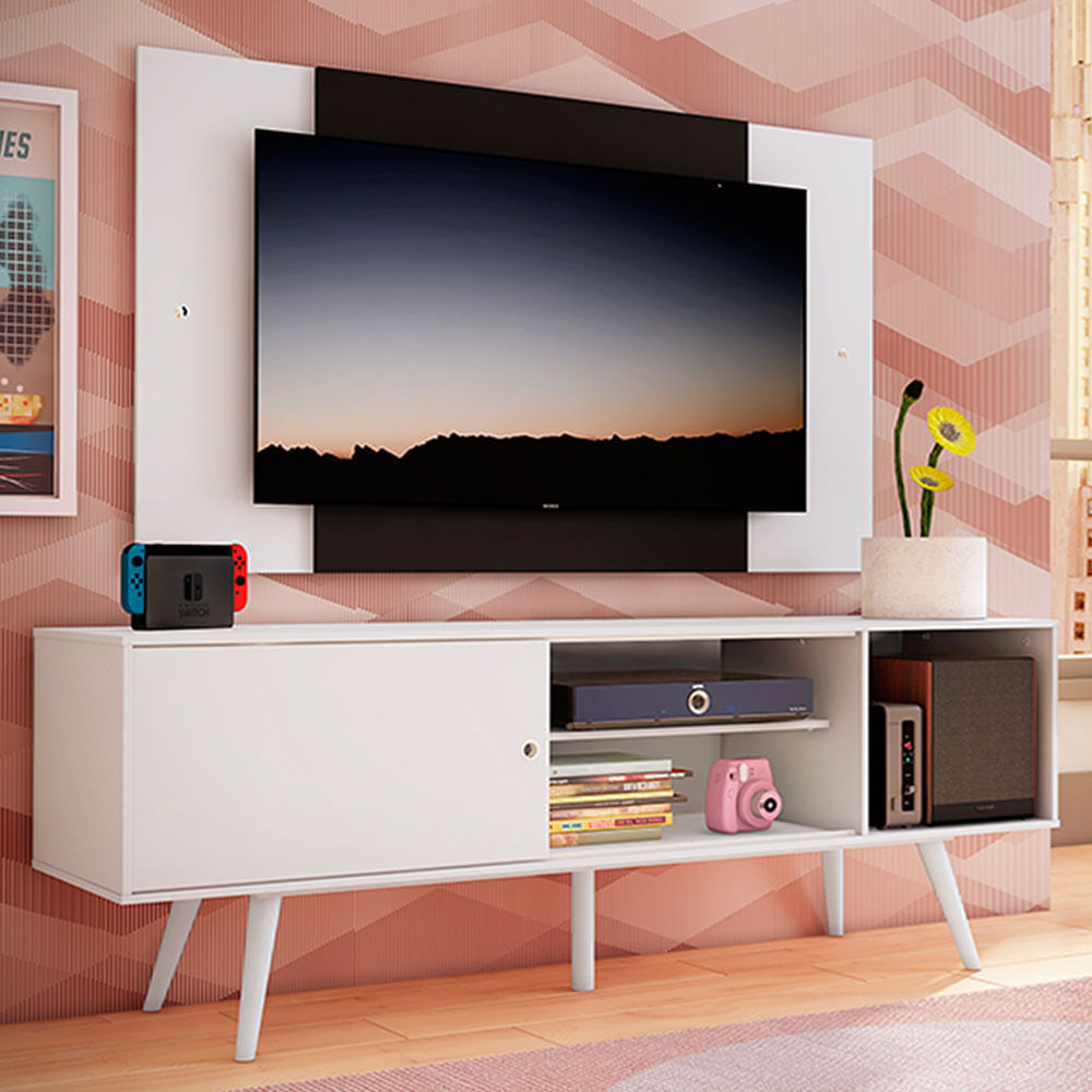 Rack Madesa Cairo e Painel para TV até 58 Polegadas com Pés de Madeira Branco/Preto 09C7