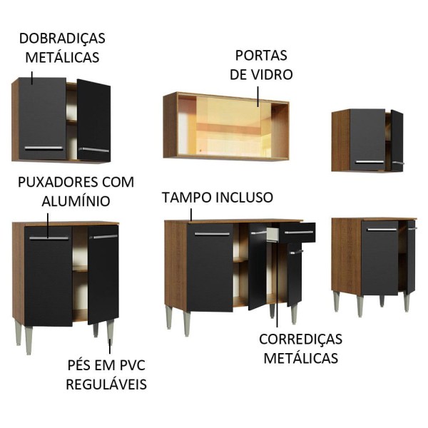 Encontraproduto.com.br - Cozinha Completa Madesa Emilly Fire com Balcão e Armário Aéreo Reflex - Rustic/Preto