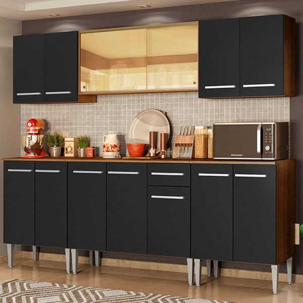 Encontraproduto.com.br - Cozinha Completa Madesa Emilly Fire com Balcão e Armário Aéreo Reflex - Rustic/Preto