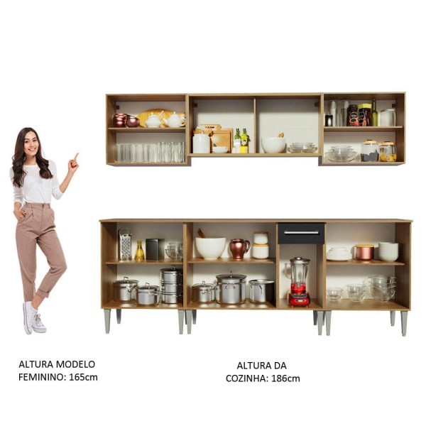 Encontraproduto.com.br - Cozinha Completa Madesa Emilly Fire com Balcão e Armário Aéreo Reflex - Rustic/Preto