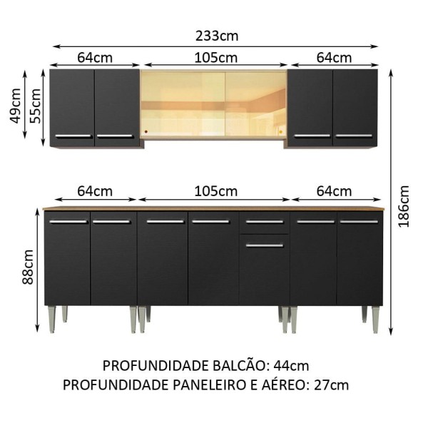 Encontraproduto.com.br - Cozinha Completa Madesa Emilly Fire com Balcão e Armário Aéreo Reflex - Rustic/Preto