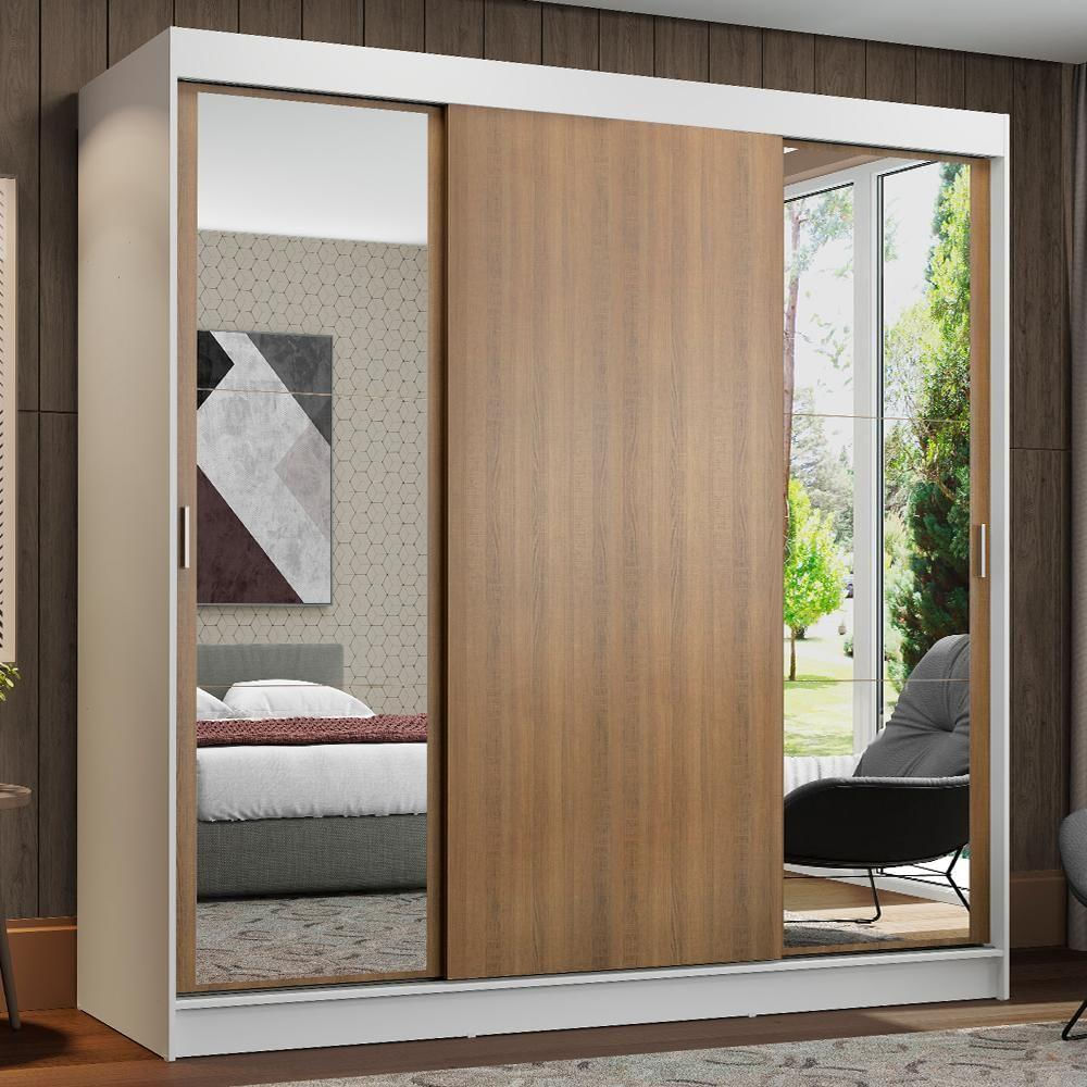 Encontraproduto.com.br - Guarda-Roupa Casal Madesa Reno 3 Portas de Correr com Espelhos Branco/Rustic