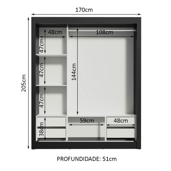 Encontraproduto.com.br - Guarda-Roupa Casal Madesa Lyon Plus 3 Portas de Correr com Espelhos 4 Gavetas Preto/Branco