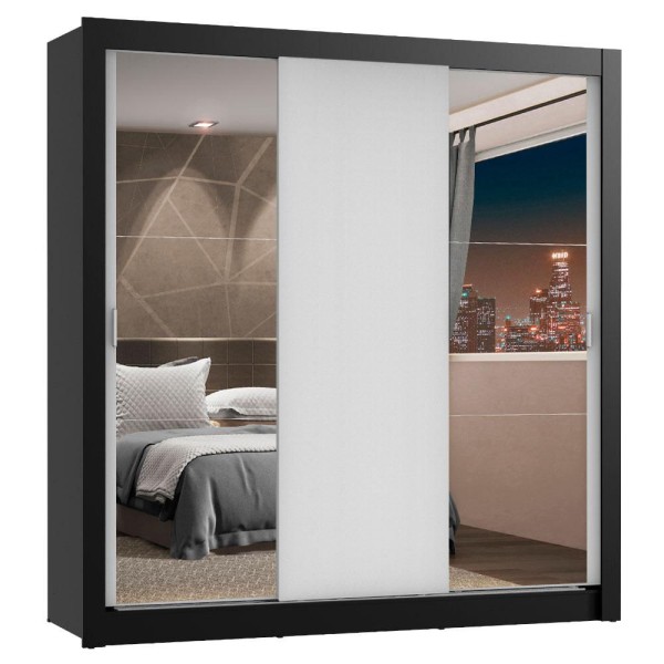 Encontraproduto.com.br - Guarda-Roupa Casal Madesa Lyon Plus 3 Portas de Correr com Espelhos 4 Gavetas Preto/Branco