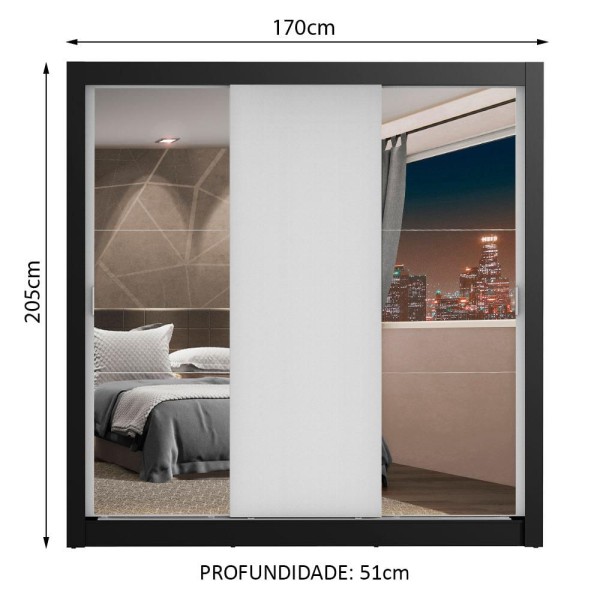 Encontraproduto.com.br - Guarda-Roupa Casal Madesa Lyon Plus 3 Portas de Correr com Espelhos 4 Gavetas Preto/Branco