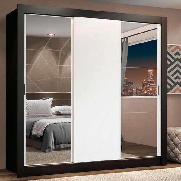 Encontraproduto.com.br - Guarda-Roupa Casal Madesa Lyon Plus 3 Portas de Correr com Espelhos 4 Gavetas Preto/Branco