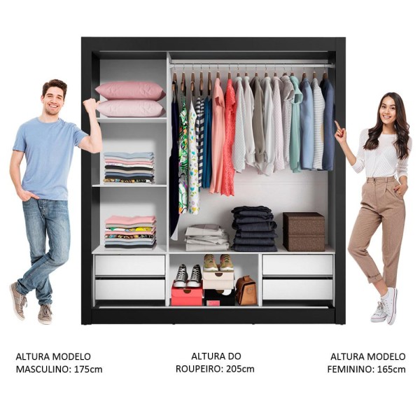 Encontraproduto.com.br - Guarda-Roupa Casal Madesa Lyon Plus 3 Portas de Correr com Espelhos 4 Gavetas Preto/Branco