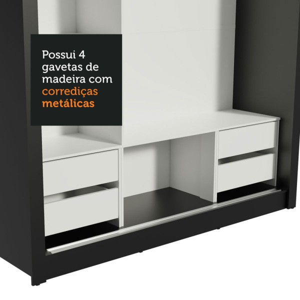 Encontraproduto.com.br - Guarda-Roupa Casal Madesa Lyon Plus 3 Portas de Correr com Espelhos 4 Gavetas Preto/Branco
