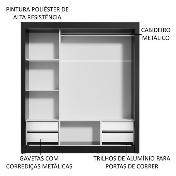 Encontraproduto.com.br - Guarda-Roupa Casal Madesa Lyon Plus 3 Portas de Correr com Espelhos 4 Gavetas Preto/Branco