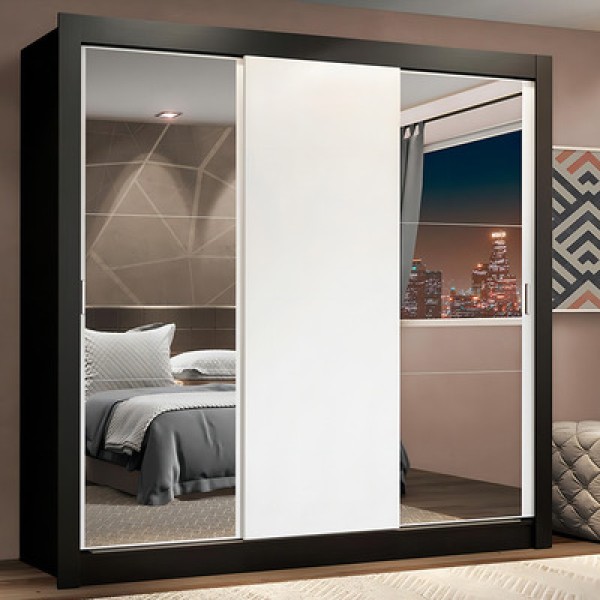 Encontraproduto.com.br - Guarda-Roupa Casal Madesa Lyon Plus 3 Portas de Correr com Espelhos 4 Gavetas Preto/Branco