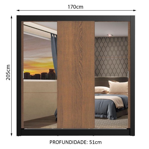Encontraproduto.com.br - Guarda-Roupa Casal Madesa Mônaco 3 Portas de Correr com Espelhos Preto/Rustic