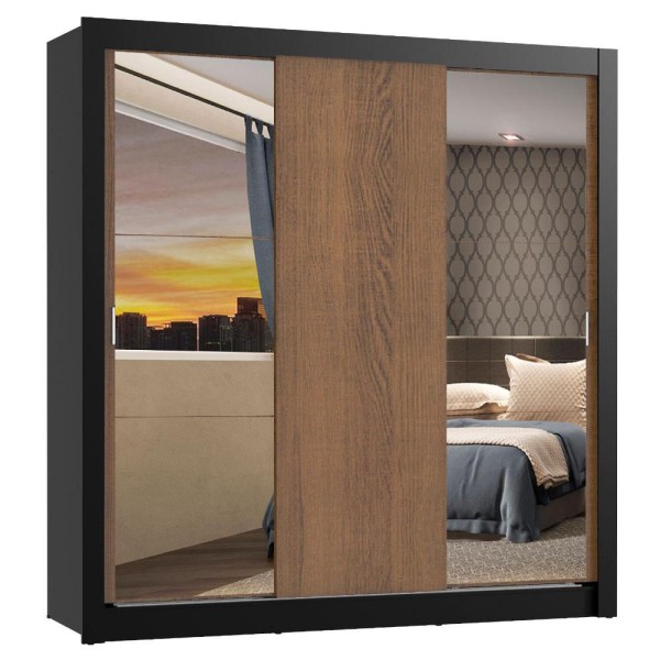 Encontraproduto.com.br - Guarda-Roupa Casal Madesa Mônaco 3 Portas de Correr com Espelhos Preto/Rustic