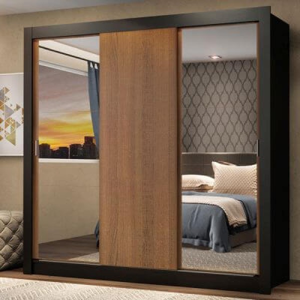 Encontraproduto.com.br - Guarda-Roupa Casal Madesa Mônaco 3 Portas de Correr com Espelhos Preto/Rustic