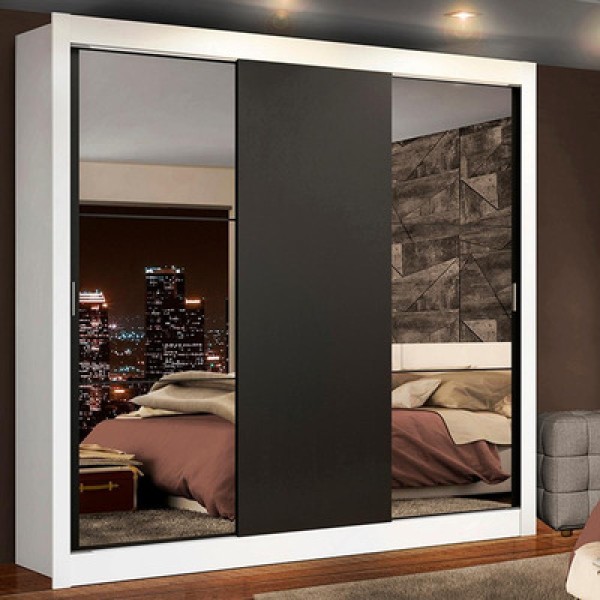Guarda-Roupa Casal Madesa Lyon Plus 3 Portas de Correr com Espelhos 4 Gavetas Branco/Preto