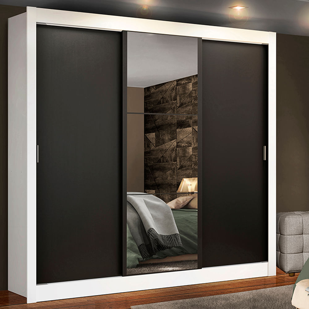 Encontraproduto.com.br - Guarda-Roupa Casal Madesa Lyon Plus 3 Portas de Correr com Espelho 4 Gavetas Branco/Preto