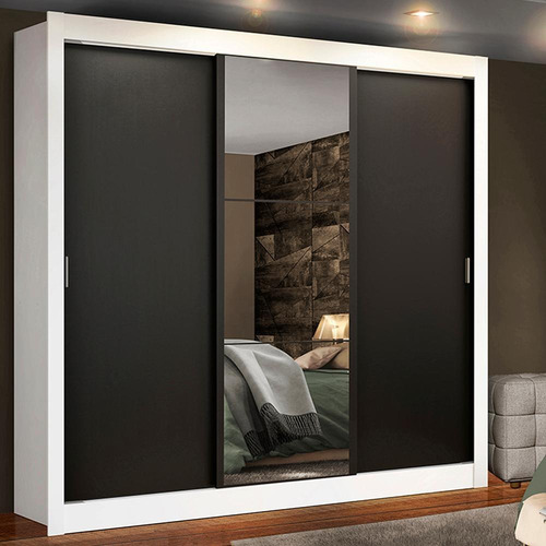 Encontraproduto.com.br - Guarda-Roupa Casal Madesa Lyon Plus 3 Portas de Correr com Espelho 4 Gavetas Branco/Preto