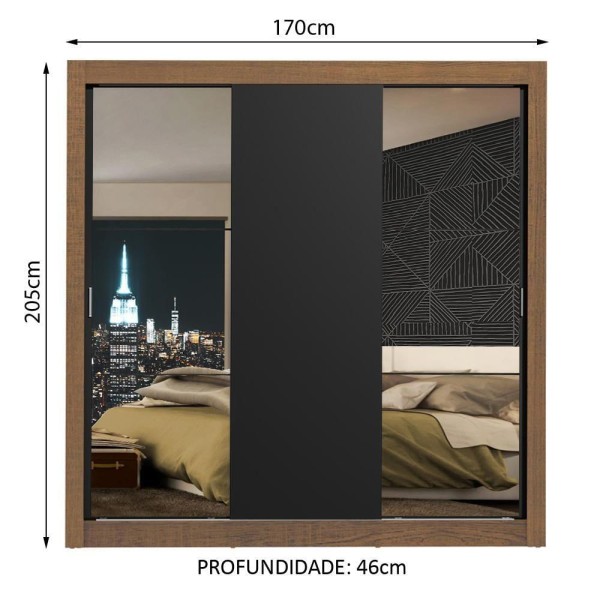 Encontraproduto.com.br - Guarda-Roupa Casal Madesa Mônaco 3 Portas de Correr com Espelhos Rustic/Preto