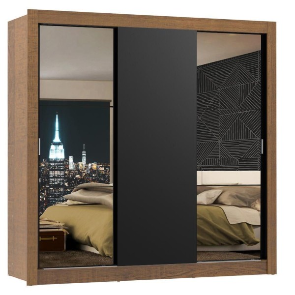 Encontraproduto.com.br - Guarda-Roupa Casal Madesa Mônaco 3 Portas de Correr com Espelhos Rustic/Preto