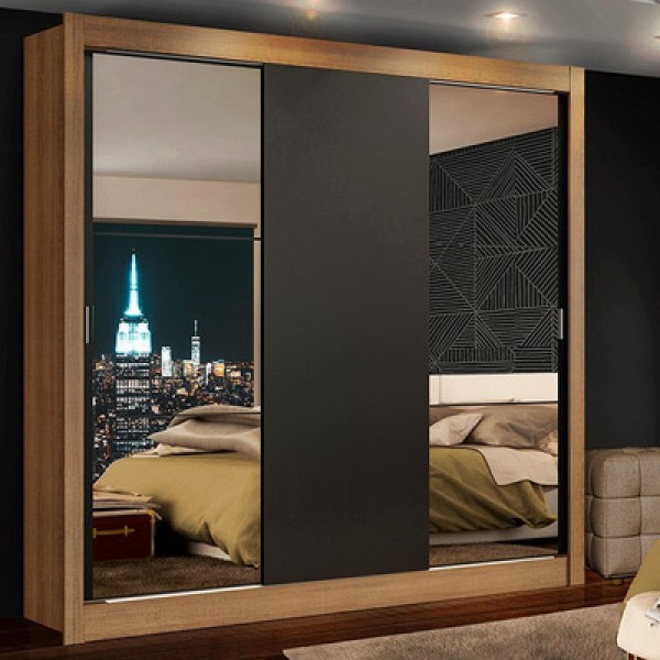 Encontraproduto.com.br - Guarda-Roupa Casal Madesa Mônaco 3 Portas de Correr com Espelhos Rustic/Preto