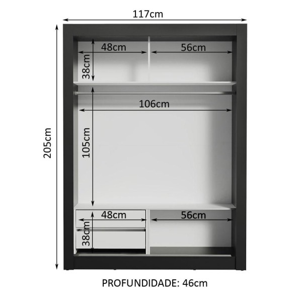Encontraproduto.com.br - Guarda-Roupa Solteiro Madesa Dallas 2 Portas de Correr com Espelho 2 Gavetas Preto/Rustic