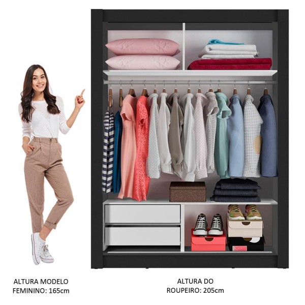 Encontraproduto.com.br - Guarda-Roupa Solteiro Madesa Dallas 2 Portas de Correr com Espelho 2 Gavetas Preto/Rustic