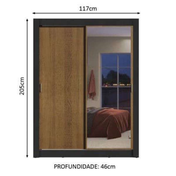 Encontraproduto.com.br - Guarda-Roupa Solteiro Madesa Dallas 2 Portas de Correr com Espelho 2 Gavetas Preto/Rustic