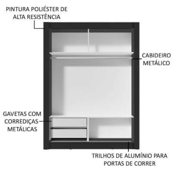 Encontraproduto.com.br - Guarda-Roupa Solteiro Madesa Dallas 2 Portas de Correr com Espelho 2 Gavetas Preto/Rustic