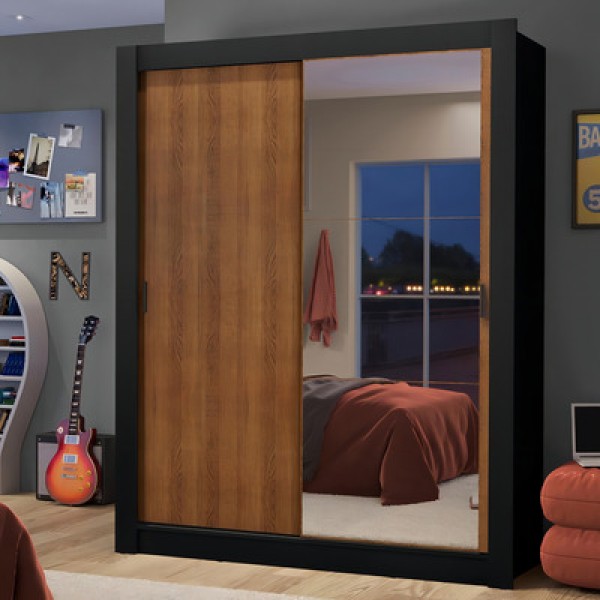 Encontraproduto.com.br - Guarda-Roupa Solteiro Madesa Dallas 2 Portas de Correr com Espelho 2 Gavetas Preto/Rustic