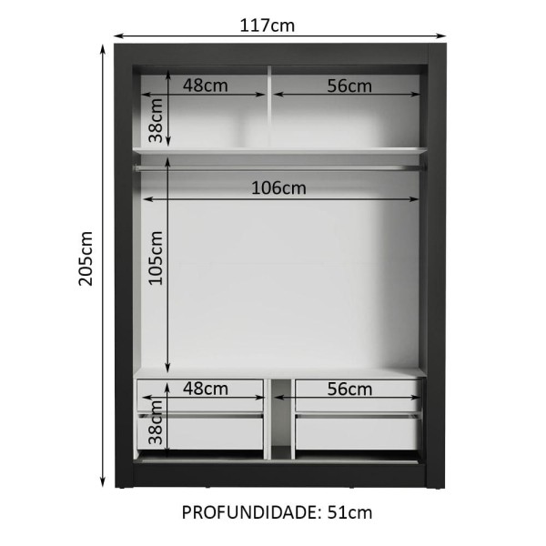 Encontraproduto.com.br - Guarda-Roupa Solteiro Madesa Dallas Plus 2 Portas de Correr com Espelho 4 Gavetas Preto/Branco