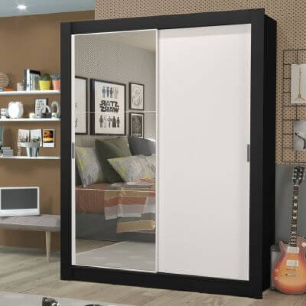 Encontraproduto.com.br - Guarda-Roupa Solteiro Madesa Dallas Plus 2 Portas de Correr com Espelho 4 Gavetas Preto/Branco