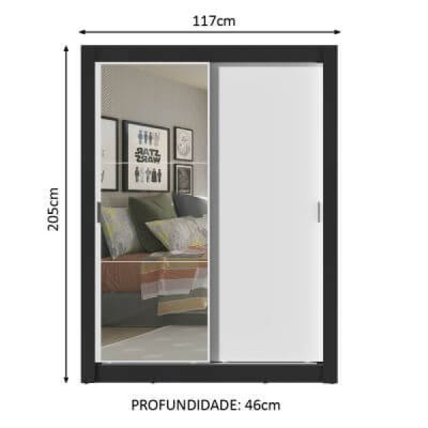 Encontraproduto.com.br - Guarda-Roupa Solteiro Madesa Dallas Plus 2 Portas de Correr com Espelho 4 Gavetas Preto/Branco