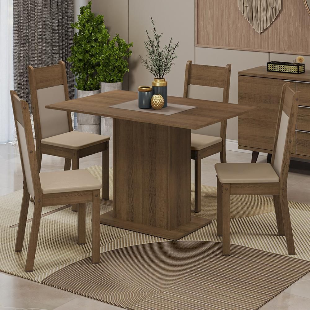 Encontraproduto.com.br - Conjunto Sala de Jantar Mesa Tampo de Madeira 4 Cadeiras Rustic/Crema/Bege Sheila Madesa