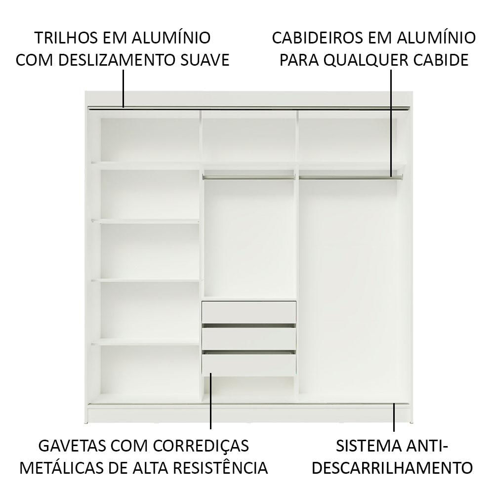 Guarda-Roupa Casal Madesa Kansas 3 Portas de Correr de Espelho 3 Gavetas Branco