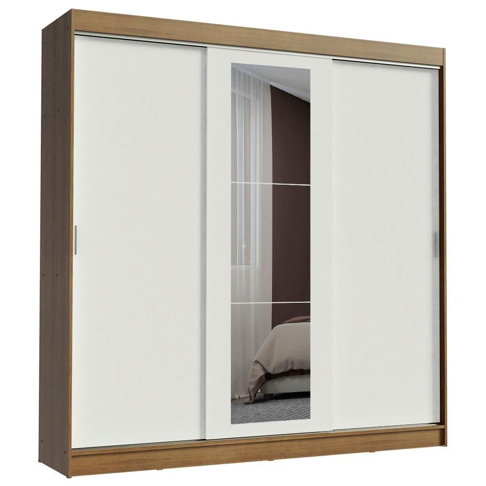 Encontraproduto.com.br - Guarda-Roupa Casal Madesa Kansas 3 Portas de Correr com Espelho 3 Gavetas Rustic/Branco