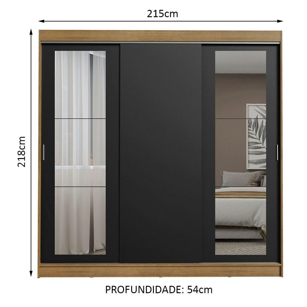 Encontraproduto.com.br - Guarda-Roupa Casal Madesa Kansas 3 Portas de Correr com Espelhos 3 Gavetas Rustic/Preto