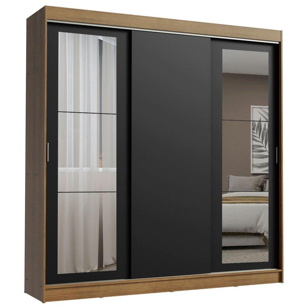 Encontraproduto.com.br - Guarda-Roupa Casal Madesa Kansas 3 Portas de Correr com Espelhos 3 Gavetas Rustic/Preto