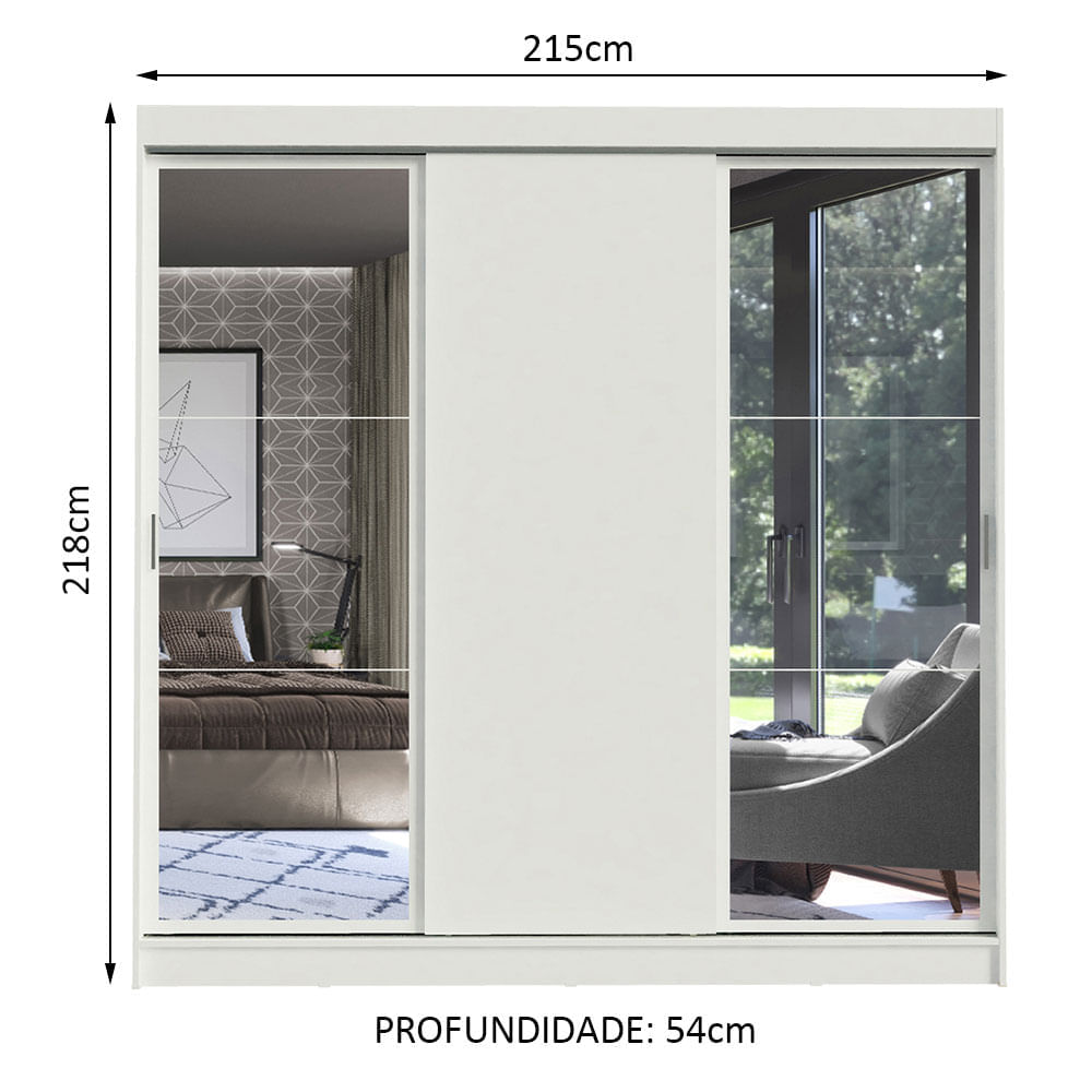 Guarda-Roupa Casal Madesa Istambul 3 Portas de Correr com Espelhos 3 Gavetas Branco