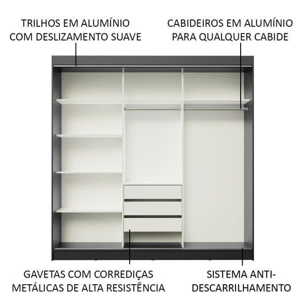 Encontraproduto.com.br - Guarda-Roupa Casal Madesa Istambul 3 Portas de Correr com Espelho 3 Gavetas Preto/Branco