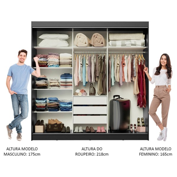 Encontraproduto.com.br - Guarda-Roupa Casal Madesa Istambul 3 Portas de Correr com Espelho 3 Gavetas Preto/Branco